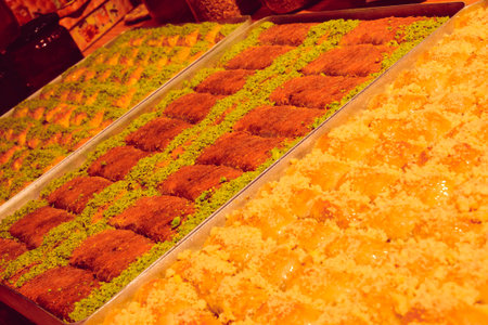 Baklava with Honey Drizzle and Crushed Nutsの写真素材