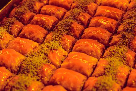 Golden brown baklava, crispy on the outside, sweet insideの写真素材
