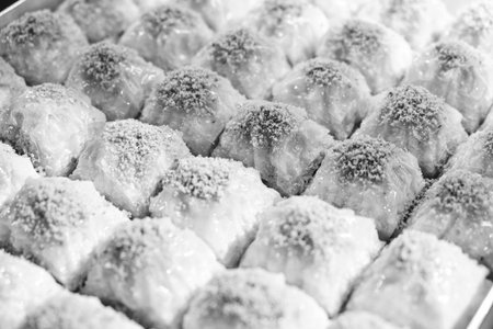 Golden brown baklava, crispy on the outside, sweet insideの写真素材