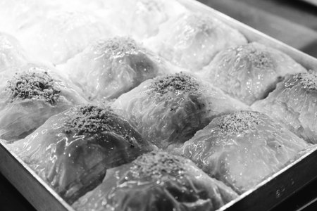 Baklava with Honey Drizzle and Crushed Nutsの写真素材