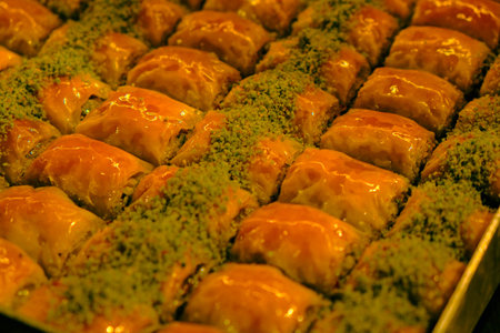 Baklava with Honey Drizzle and Crushed Nutsの写真素材