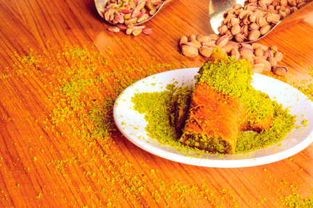 Baklava with Honey Drizzle and Crushed Nutsの写真素材