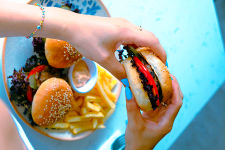 Homemade hamburger with fresh vegetablesの写真素材