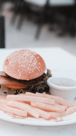 Homemade hamburger with fresh vegetablesの写真素材