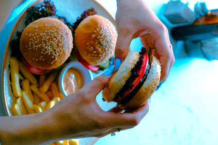 Homemade hamburger with fresh vegetablesの写真素材