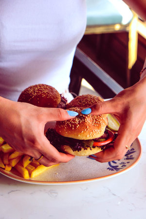 Homemade hamburger with fresh vegetablesの写真素材