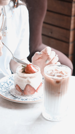 Very delicious dessert in jars, sweet and cakes in jarsの写真素材