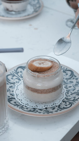 Very delicious dessert in jars, sweet and cakes in jars