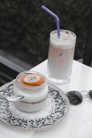Delicious dessert in jars, sweet and cakes in jars