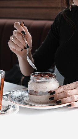 Very delicious dessert in jars, sweet and cakes in jars