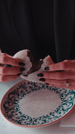 Chocolate inside thin baked dough.の写真素材