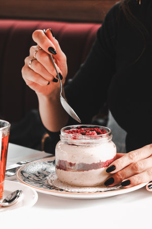 Very delicious dessert in jars, sweet and cakes in jarsの写真素材