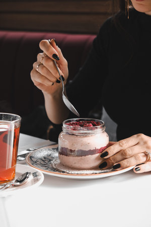 Very delicious dessert in jars, sweet and cakes in jars
