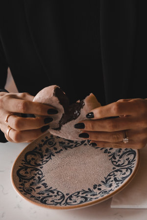 Chocolate inside thin baked dough.の写真素材