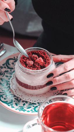 Very delicious dessert in jars, sweet and cakes in jarsの写真素材