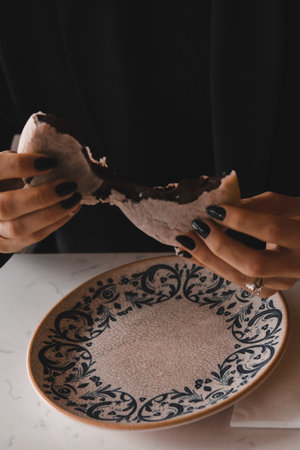 Chocolate inside thin baked dough.の写真素材