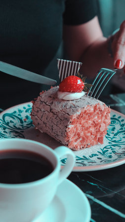 Elegant Layered Cake on a Rustic Wooden Tableの写真素材