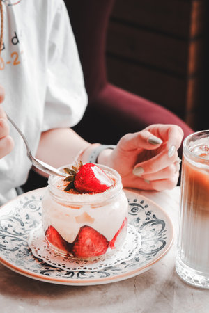 Very delicious dessert in jars, sweet and cakes in jarsの写真素材