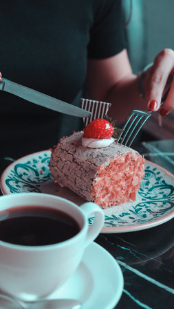 Chocolate Drip Cake with Berries and Flowersの写真素材