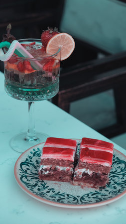 Layered Cake on a Rustic Wooden Tableの写真素材