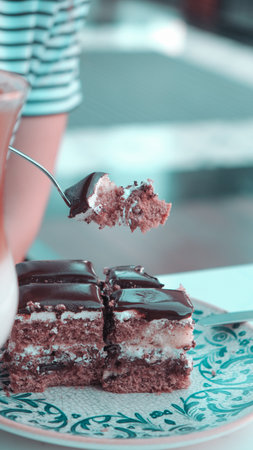 Chocolate Drip Cake with Berries and Flowersの写真素材