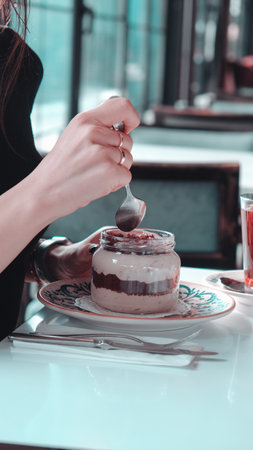 Very delicious dessert in jars, sweet and cakes in jarsの写真素材