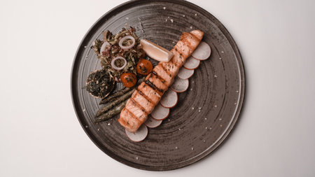 Fried sea bream fish on white plate with onion, garden rocket and lemon slicesの写真素材