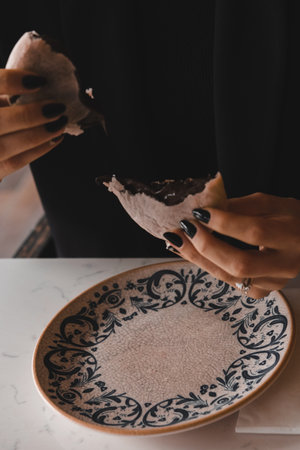 Chocolate inside thin baked dough.の写真素材