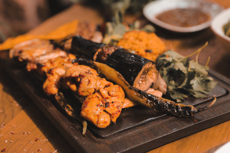 Turkish-style kebab on serving plateの写真素材