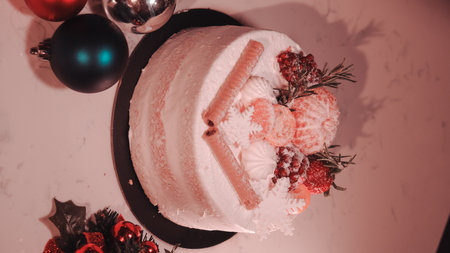 Colorful Fruit Topped Cake on White Backgroundの写真素材