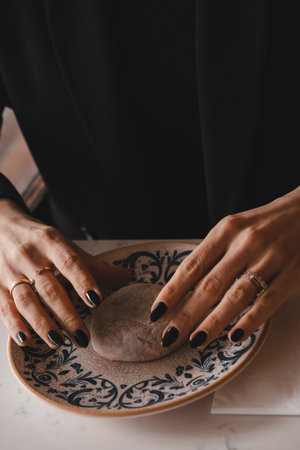 Chocolate inside thin baked dough.の写真素材