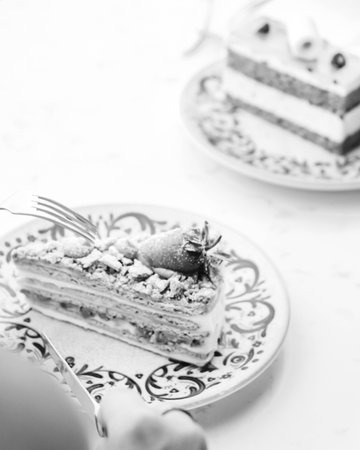 "Layered Cake Slice on a Fancy Plate"の写真素材