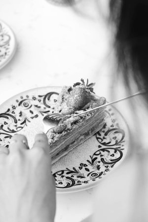 "Layered Cake Slice on a Fancy Plate"の写真素材