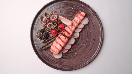 Fried sea bream fish on white plate with onion, garden rocket and lemon slicesの写真素材