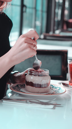 Very delicious dessert in jars, sweet and cakes in jarsの写真素材