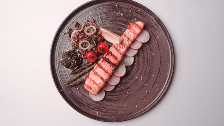 Fried sea bream fish on white plate with onion, garden rocket and lemon slicesの写真素材