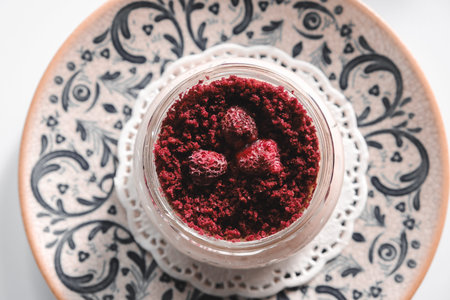 Very delicious dessert in jars, sweet and cakes in jars