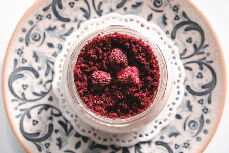 Very delicious dessert in jars, sweet and cakes in jars