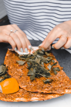 Turkish pizza pita with a different stuffing.の写真素材