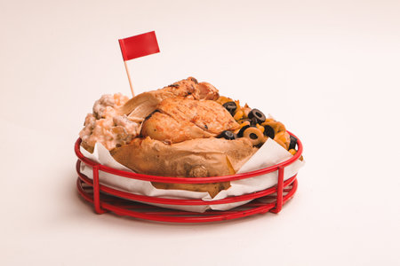 Baked potato stuffed with the cheese, sausage, olives, peppers and cornの写真素材