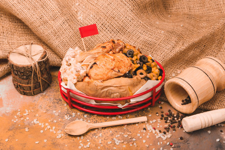 Baked kumpir potato stuffed with the cheese, sausage, olives, peppers and corn