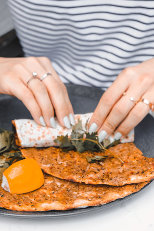 Turkish pizza pita with a different stuffing.の写真素材