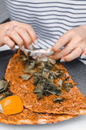 Turkish pizza pita with a different stuffing.の写真素材