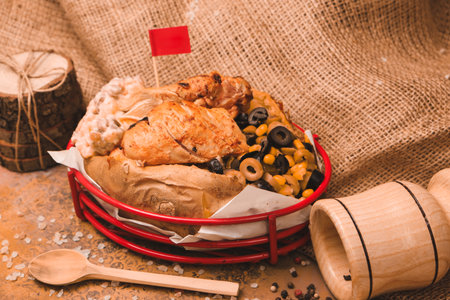 Baked kumpir potato stuffed with cheese, sausage, olives, peppers and cornの写真素材