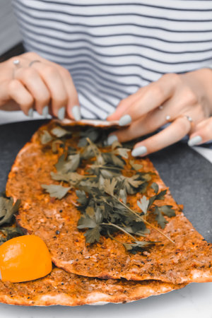 Turkish pizza pita with a different stuffing.の写真素材