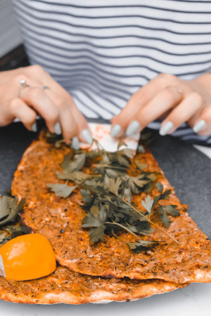 Turkish pizza pita with a different stuffing.の写真素材