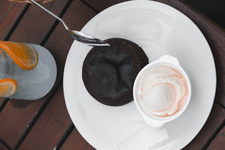 Chocolate souffle on the tableの写真素材