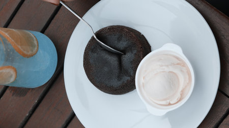 Chocolate souffle on the tableの写真素材