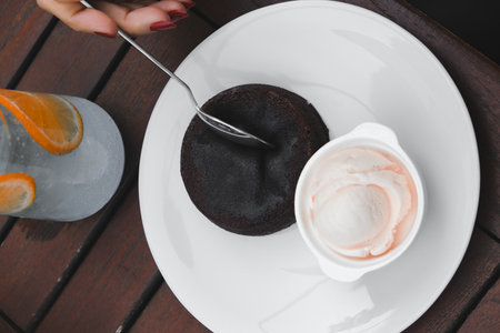 Chocolate souffle on the tableの写真素材