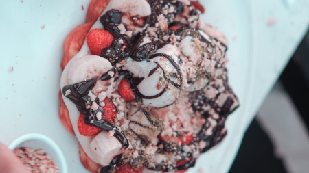 Delicious waffles with chocolate sauce